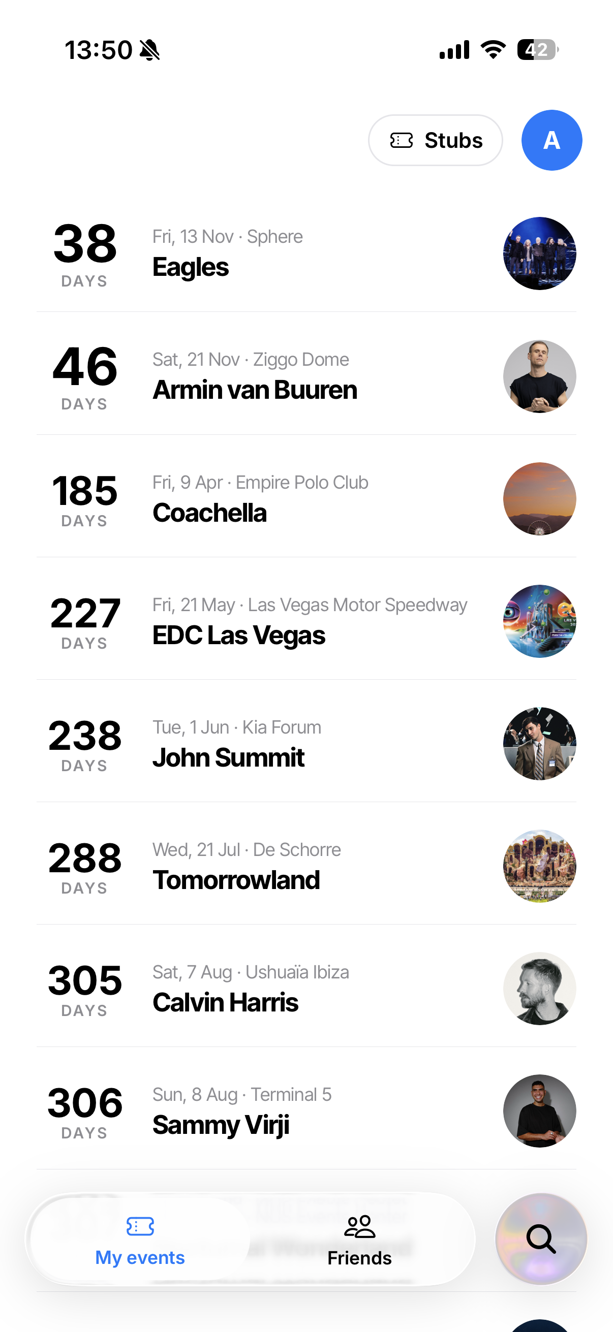 The tixxy My events list: every show with its date, venue and a countdown in days