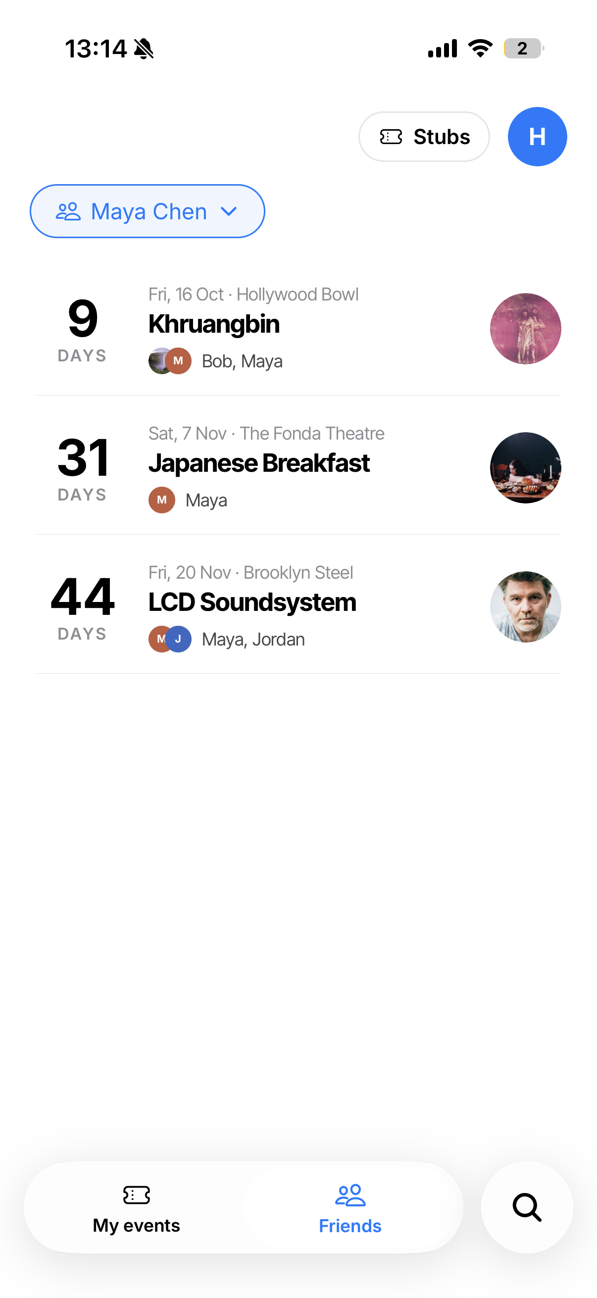 The tixxy Friends tab: upcoming shows your friends are going to, with dates, venues, countdowns and which friends are going