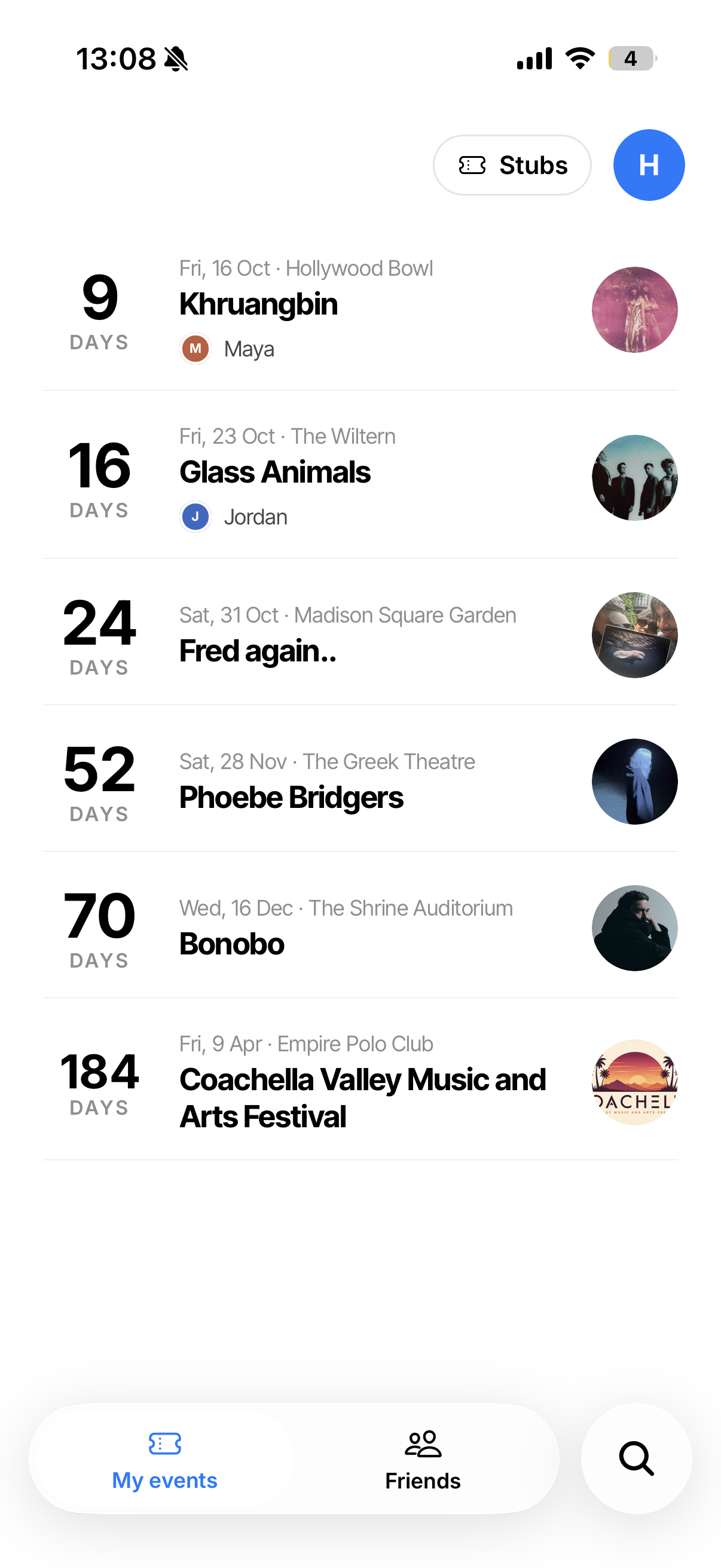 The tixxy My events list: upcoming shows with their dates, venues, countdowns in days and who is going