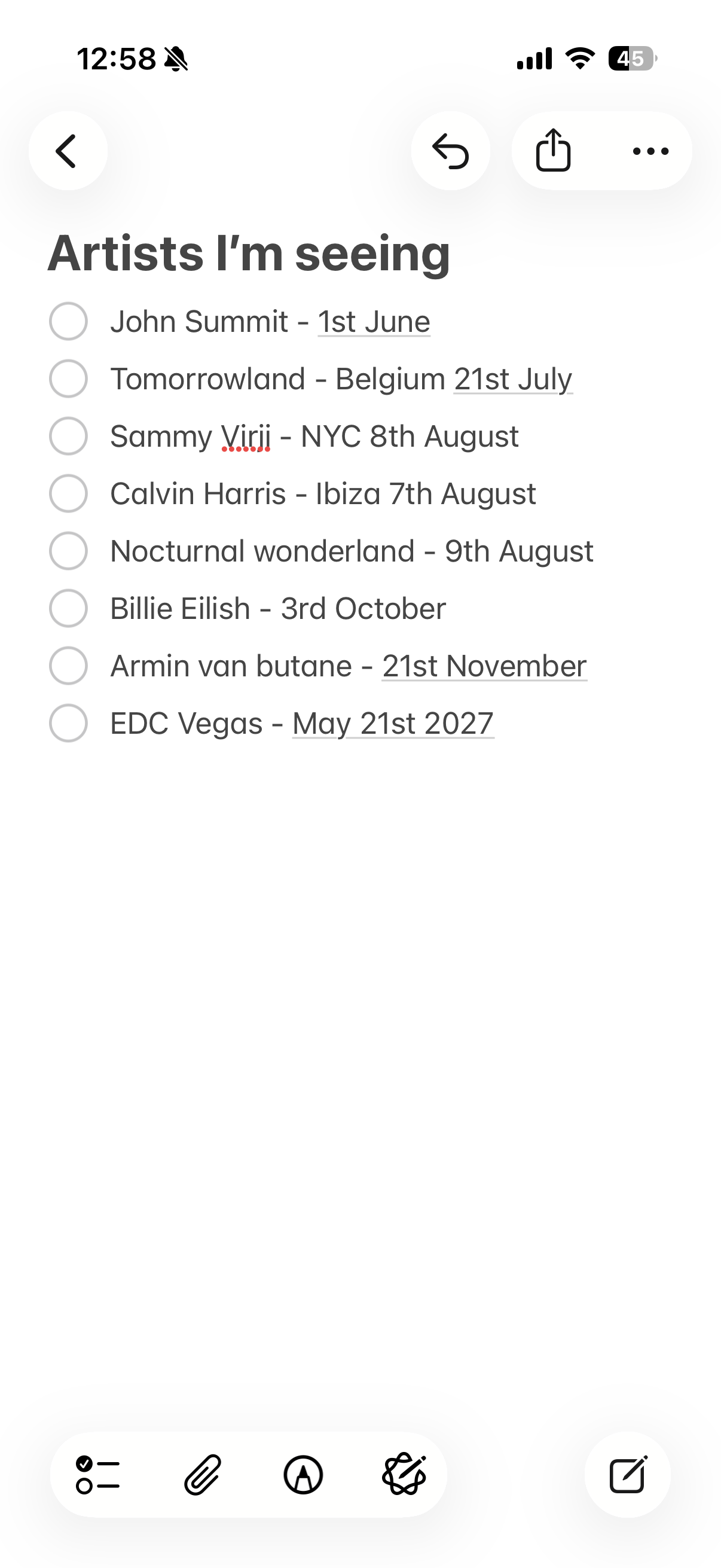 A Notes checklist titled “Artists I’m seeing”, each show and its date typed out by hand